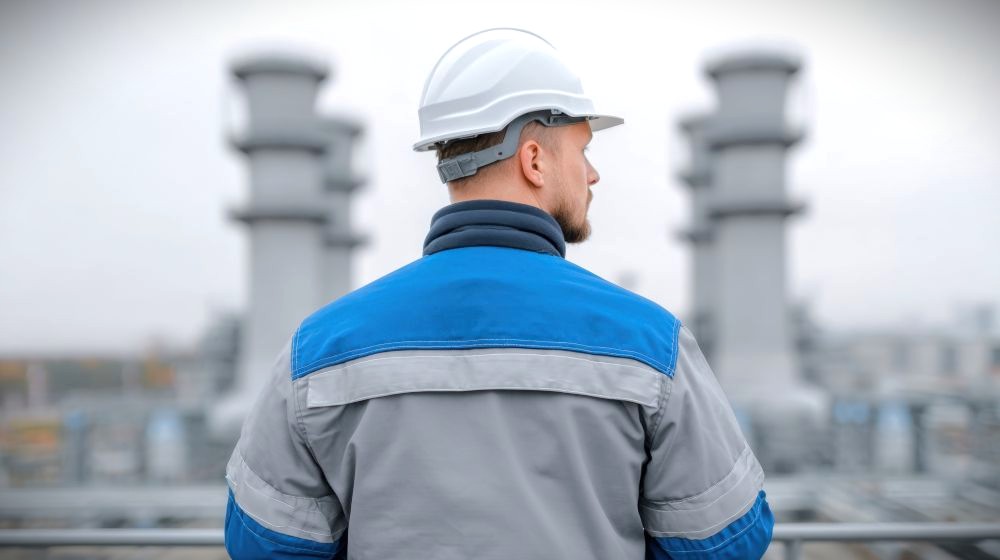 Technieker met witte helm en blauwe werkjas staat voor een industriële installatie met leidingen efficiënter papierwerk opvolgen met AI